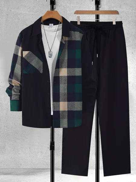 Men's Asymmetric Plaid Long Sleeve Shirt & Drawstring Casual Pants Set 2 Piece Spring Autumn Casual Outfit