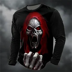 Gothic Skull Long Sleeve T-Shirt Men Halloween Punk Rock Streetwear Polyester Oversized Hip-Hop Grunge Harajuku Unisex Autumn 3D