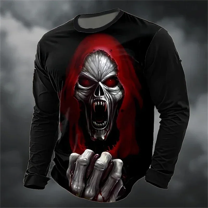 Gothic Skull Long Sleeve T-Shirt Men Halloween Punk Rock Streetwear Polyester Oversized Hip-Hop Grunge Harajuku Unisex Autumn 3D