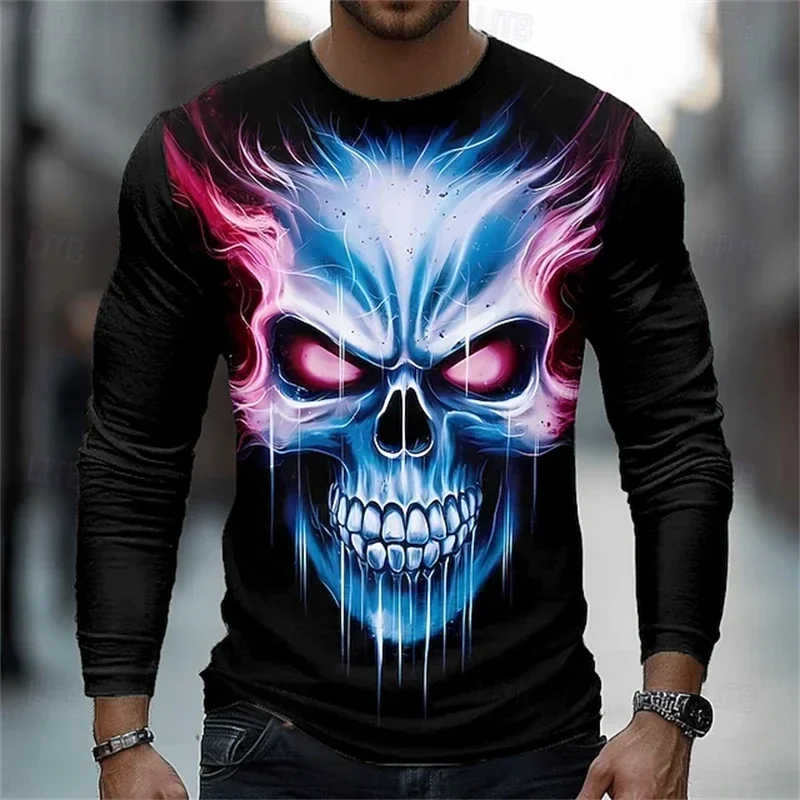 Gothic Skull Long Sleeve T-Shirt Men Halloween Punk Rock Streetwear Polyester Oversized Hip-Hop Grunge Harajuku Unisex Autumn 3D
