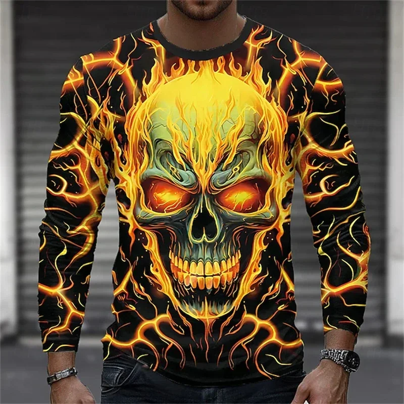 Gothic Skull Long Sleeve T-Shirt Men Halloween Punk Rock Streetwear Polyester Oversized Hip-Hop Grunge Harajuku Unisex Autumn 3D