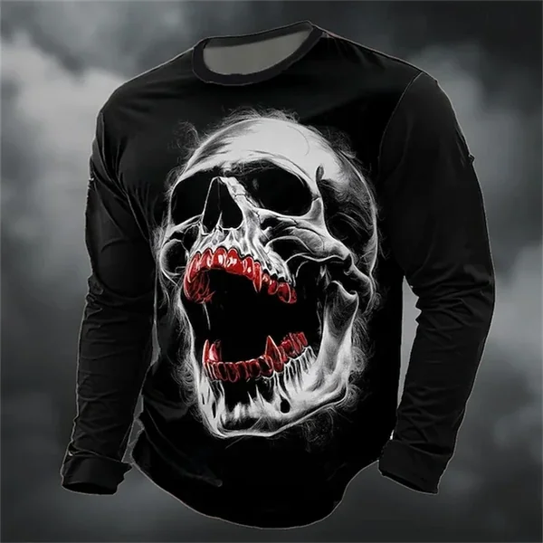 Gothic Skull Long Sleeve T-Shirt Men Halloween Punk Rock Streetwear Polyester Oversized Hip-Hop Grunge Harajuku Unisex Autumn 3D