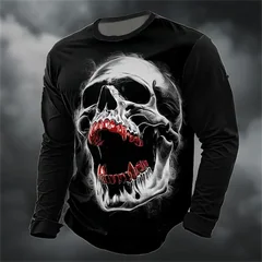 Gothic Skull Long Sleeve T-Shirt Men Halloween Punk Rock Streetwear Polyester Oversized Hip-Hop Grunge Harajuku Unisex Autumn 3D