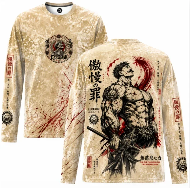 Dark Retro Anime Style Full Print Long Sleeve T‑Shirt Men Marble Crack Texture Graphic Pullover Streetwear Long‑Sleeve Tee