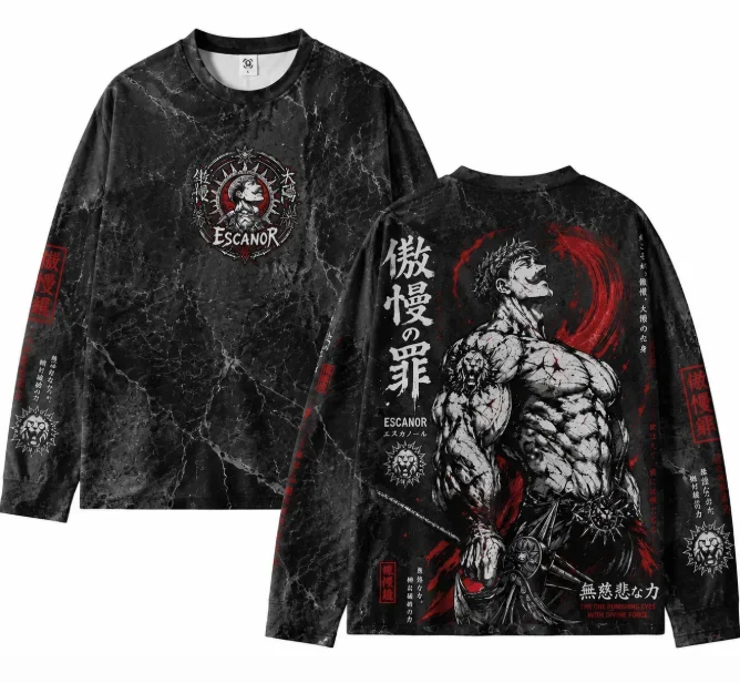 Dark Retro Anime Style Full Print Long Sleeve T‑Shirt Men Marble Crack Texture Graphic Pullover Streetwear Long‑Sleeve Tee