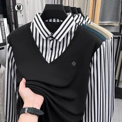 Mens Summer Fake Two Piece Shirt Striped Collar Long Sleeve V Neck Pullover Sweater Casual Top