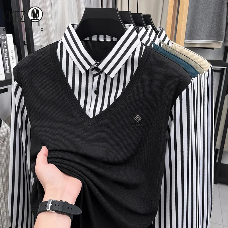 Mens Summer Fake Two Piece Shirt Striped Collar Long Sleeve V Neck Pullover Sweater Casual Top