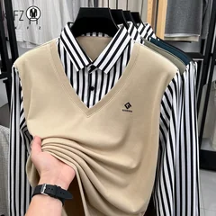 Mens Summer Fake Two Piece Shirt Striped Collar Long Sleeve V Neck Pullover Sweater Casual Top