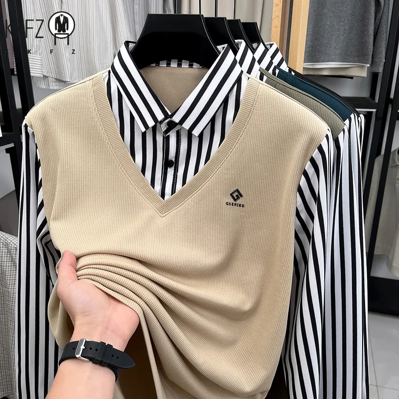 Mens Summer Fake Two Piece Shirt Striped Collar Long Sleeve V Neck Pullover Sweater Casual Top