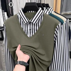 Mens Summer Fake Two Piece Shirt Striped Collar Long Sleeve V Neck Pullover Sweater Casual Top