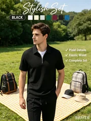 Men Summer Waffle Knit 3-Piece Outfit, Half-Zip Polo with Long Pants & Shorts in Two Styles, Daily Casual & Outdoor Wear