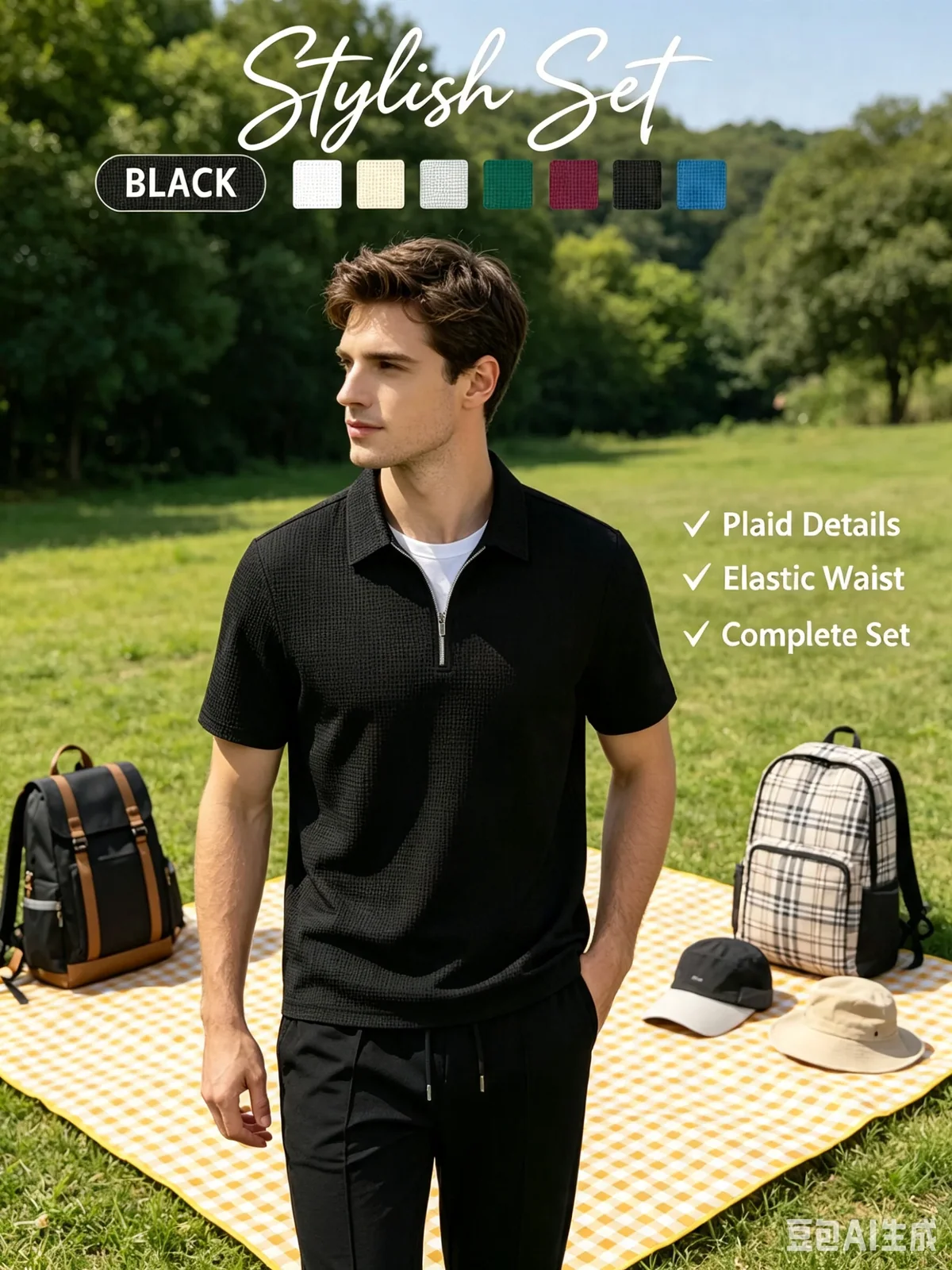 Men Summer Waffle Knit 3-Piece Outfit, Half-Zip Polo with Long Pants & Shorts in Two Styles, Daily Casual & Outdoor Wear