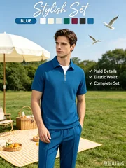 Men Summer Waffle Knit 3-Piece Outfit, Half-Zip Polo with Long Pants & Shorts in Two Styles, Daily Casual & Outdoor Wear