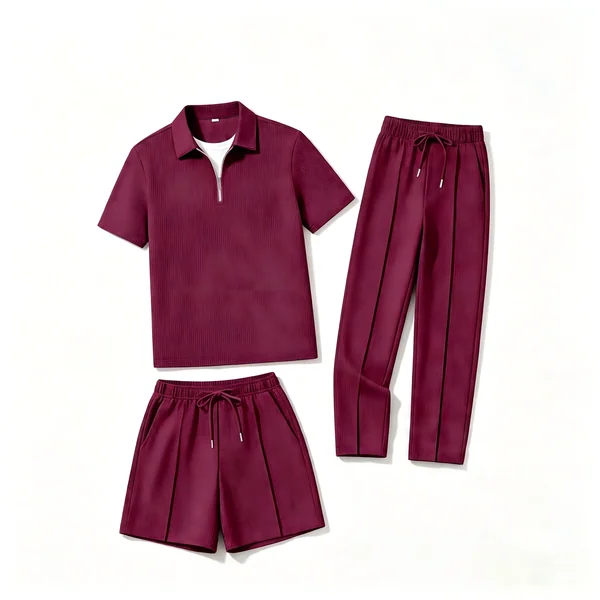 Men Summer Waffle Knit 3-Piece Outfit, Half-Zip Polo with Long Pants & Shorts in Two Styles, Daily Casual & Outdoor Wear