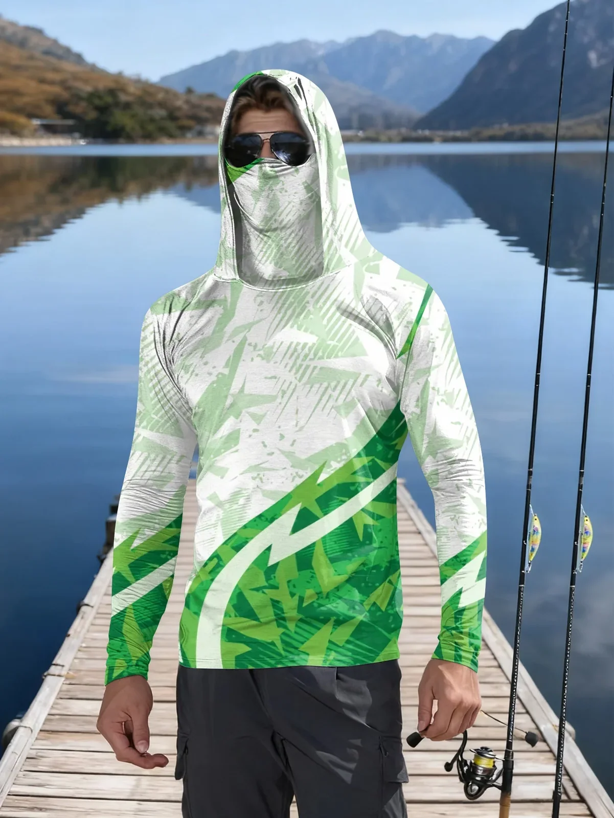 Mens Fishing Shirt Hooded UPF Sun Protection Long Sleeve Face Mask Camo Quick Dry Outdoor Hiking Hunting Rash Guard Jersey Top