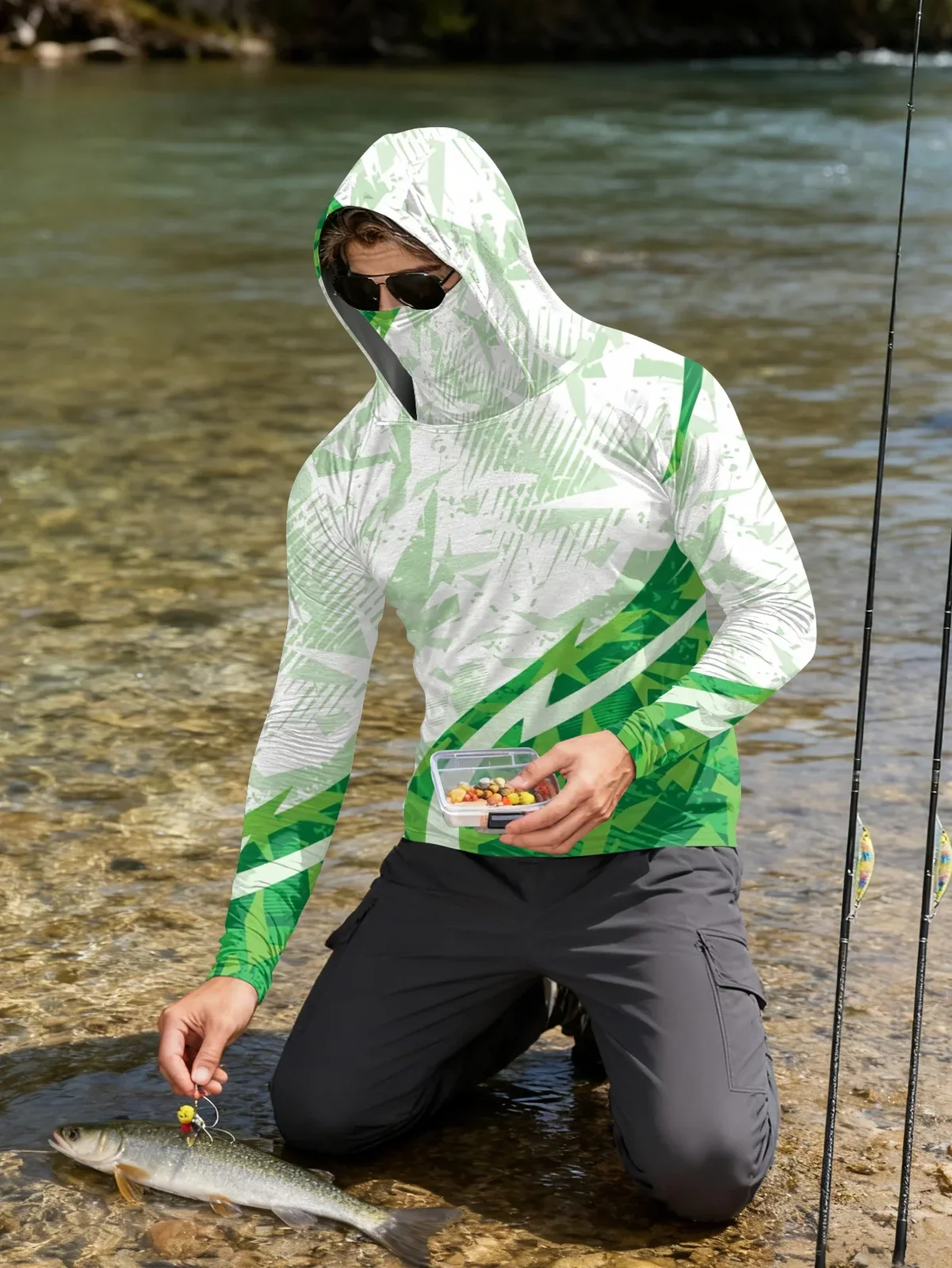 Mens Fishing Shirt Hooded UPF Sun Protection Long Sleeve Face Mask Camo Quick Dry Outdoor Hiking Hunting Rash Guard Jersey Top