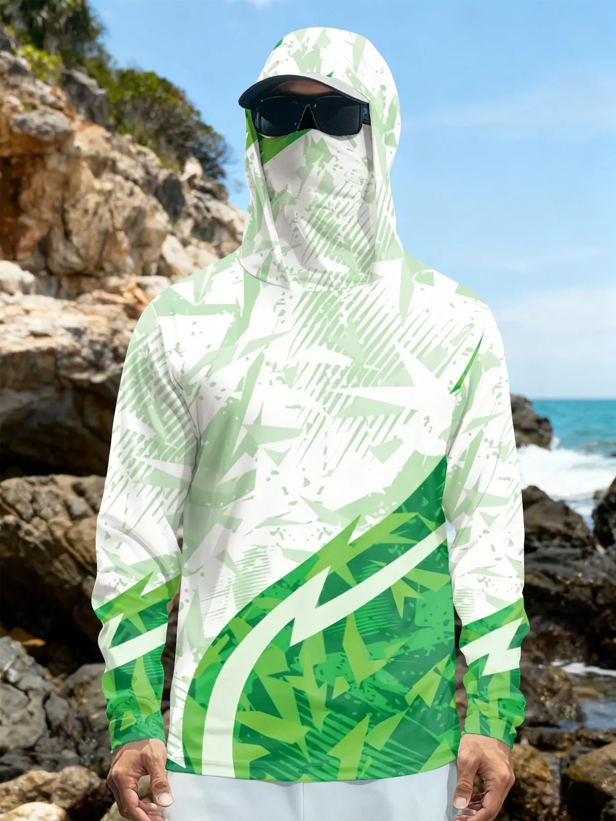 Mens Fishing Shirt Hooded UPF Sun Protection Long Sleeve Face Mask Camo Quick Dry Outdoor Hiking Hunting Rash Guard Jersey Top