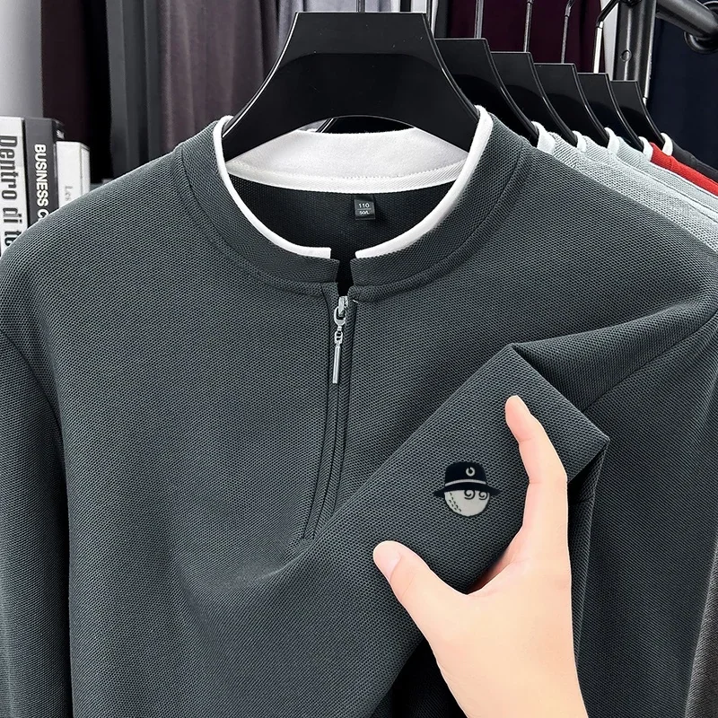 Exquisite Advanced Men's Stand Collar Quarter Zip T-Shirt Autumn Warm Fake Two Piece Sleeve Tops Business Casual Men's Clothing