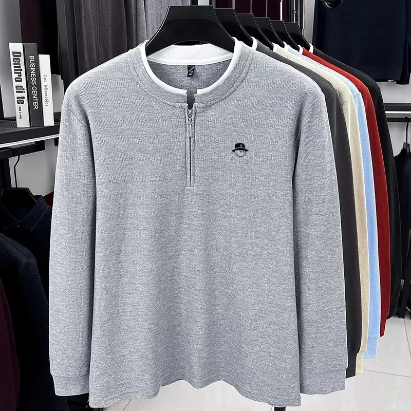 Exquisite Advanced Men's Stand Collar Quarter Zip T-Shirt Autumn Warm Fake Two Piece Sleeve Tops Business Casual Men's Clothing