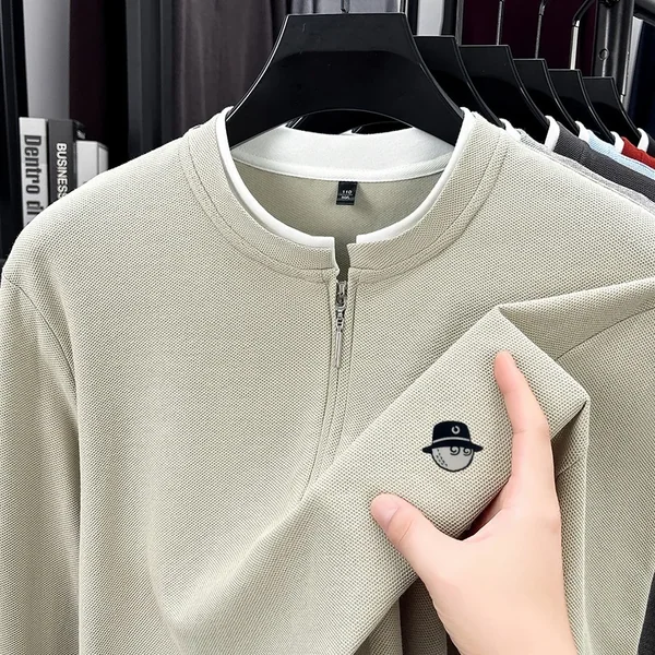 Exquisite Advanced Men's Stand Collar Quarter Zip T-Shirt Autumn Warm Fake Two Piece Sleeve Tops Business Casual Men's Clothing