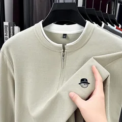 Exquisite Advanced Men's Stand Collar Quarter Zip T-Shirt Autumn Warm Fake Two Piece Sleeve Tops Business Casual Men's Clothing