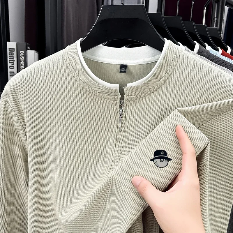 Exquisite Advanced Men's Stand Collar Quarter Zip T-Shirt Autumn Warm Fake Two Piece Sleeve Tops Business Casual Men's Clothing