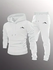 2026 Men 2 Piece Sports Tracksuit Simple Mountain Print Hoodie + Jogger Pants Casual Loose Autumn Winter Outdoor Outfit