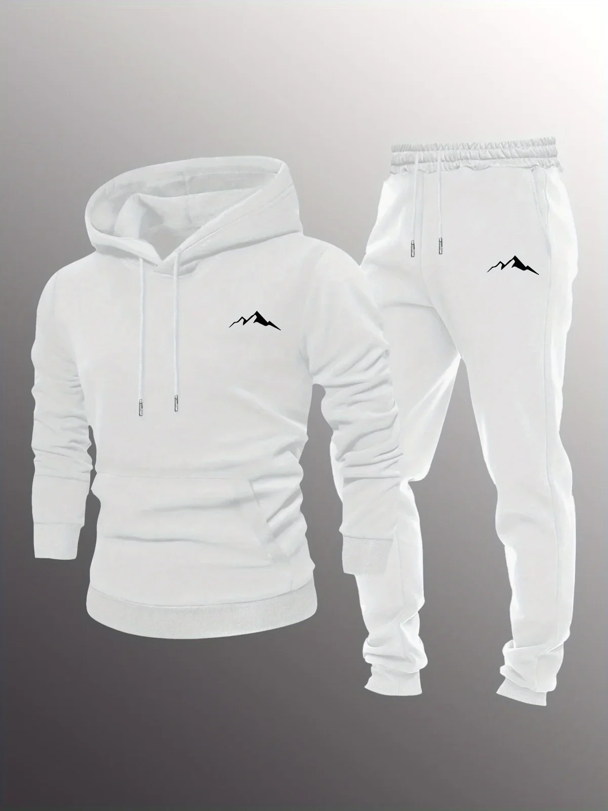 2026 Men 2 Piece Sports Tracksuit Simple Mountain Print Hoodie + Jogger Pants Casual Loose Autumn Winter Outdoor Outfit