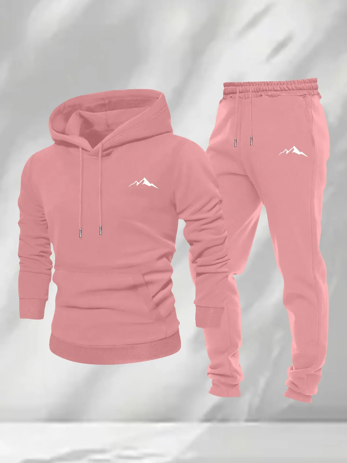 2026 Men 2 Piece Sports Tracksuit Simple Mountain Print Hoodie + Jogger Pants Casual Loose Autumn Winter Outdoor Outfit