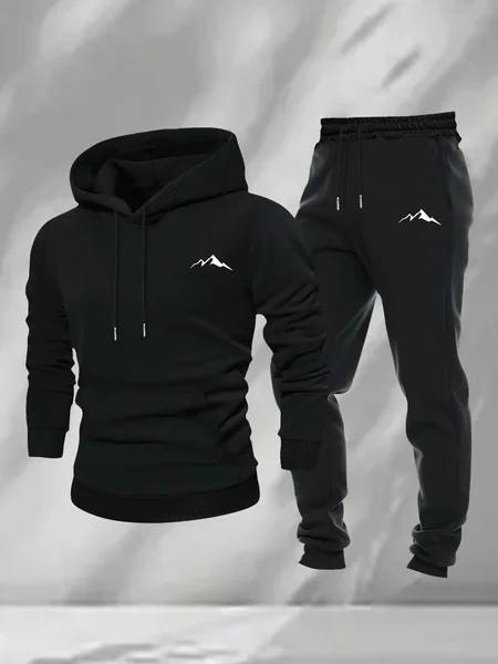 2026 Men 2 Piece Sports Tracksuit Simple Mountain Print Hoodie + Jogger Pants Casual Loose Autumn Winter Outdoor Outfit