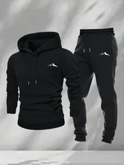 2026 Men 2 Piece Sports Tracksuit Simple Mountain Print Hoodie + Jogger Pants Casual Loose Autumn Winter Outdoor Outfit