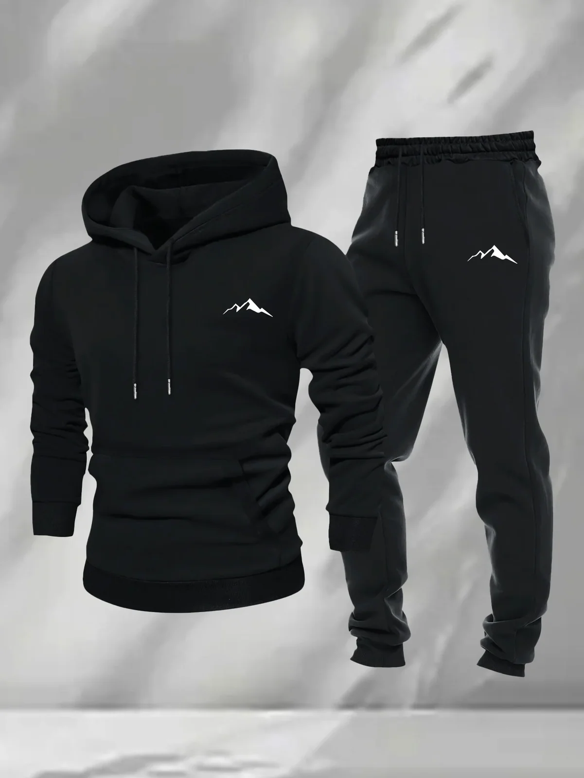 2026 Men 2 Piece Sports Tracksuit Simple Mountain Print Hoodie + Jogger Pants Casual Loose Autumn Winter Outdoor Outfit