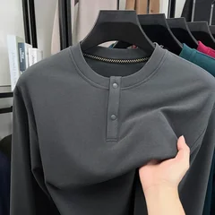 Mens Loose Fit Henley Pullover Crew Neck Two Button Long Sleeve Soft Thermal Cloth Daily Commute Casual Apparel