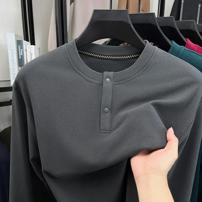 Mens Loose Fit Henley Pullover Crew Neck Two Button Long Sleeve Soft Thermal Cloth Daily Commute Casual Apparel