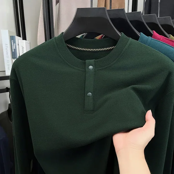 Mens Loose Fit Henley Pullover Crew Neck Two Button Long Sleeve Soft Thermal Cloth Daily Commute Casual Apparel