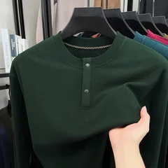 Mens Loose Fit Henley Pullover Crew Neck Two Button Long Sleeve Soft Thermal Cloth Daily Commute Casual Apparel