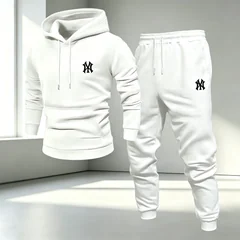 Men's trendy fashion cross-shaped print hooded sweatshirt with elastic cuffs and long pants - autumn/winter casual fashion set