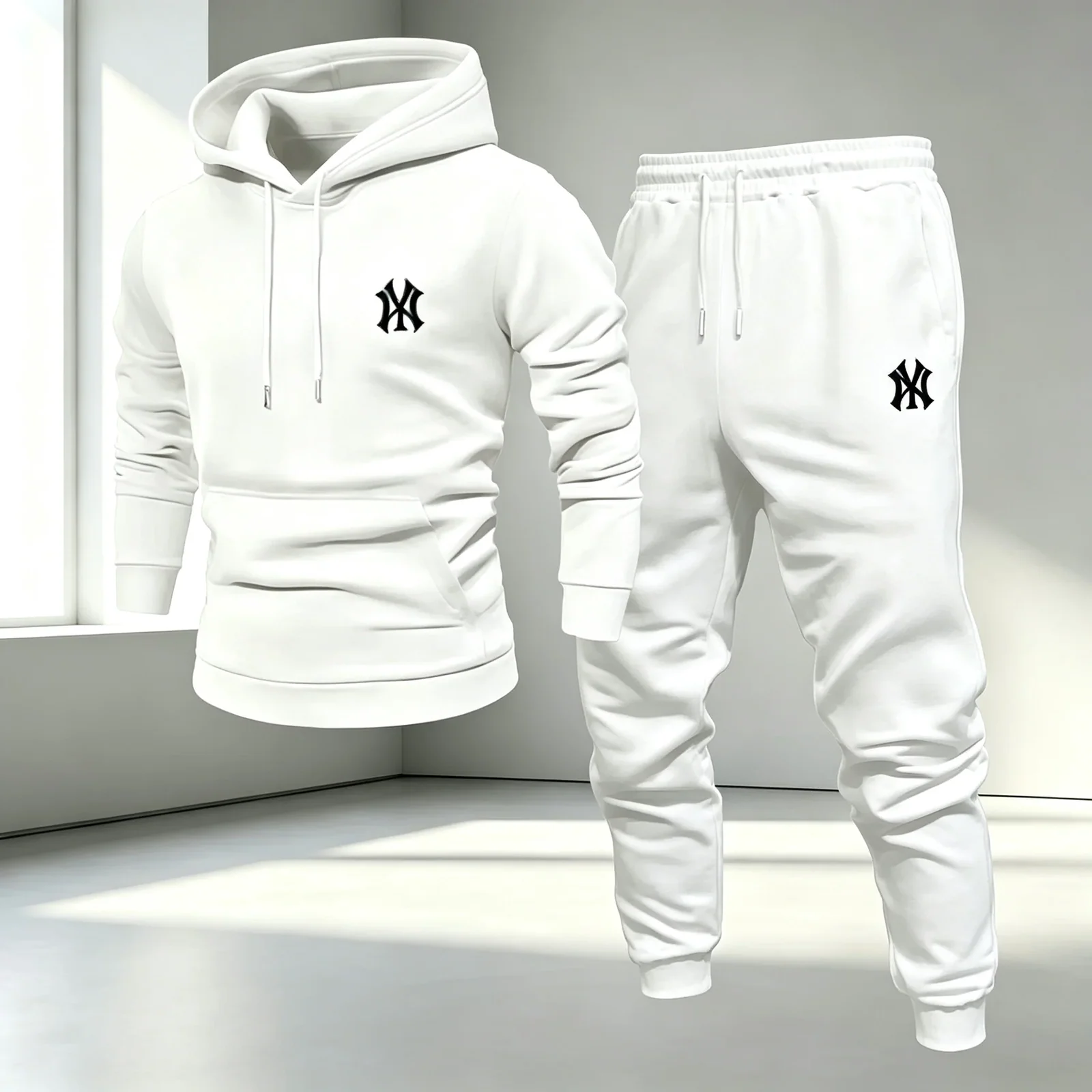 Men's trendy fashion cross-shaped print hooded sweatshirt with elastic cuffs and long pants - autumn/winter casual fashion set