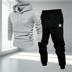 Men's trendy fashion cross-shaped print hooded sweatshirt with elastic cuffs and long pants - autumn/winter casual fashion set