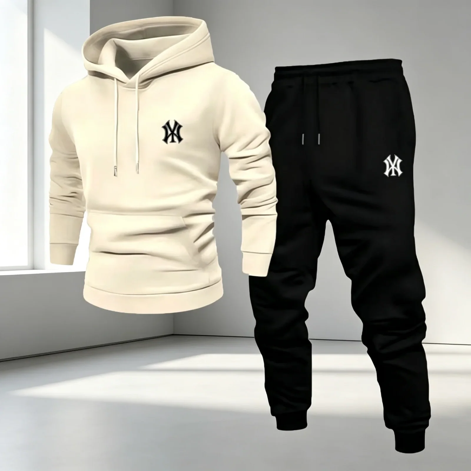 Men's trendy fashion cross-shaped print hooded sweatshirt with elastic cuffs and long pants - autumn/winter casual fashion set