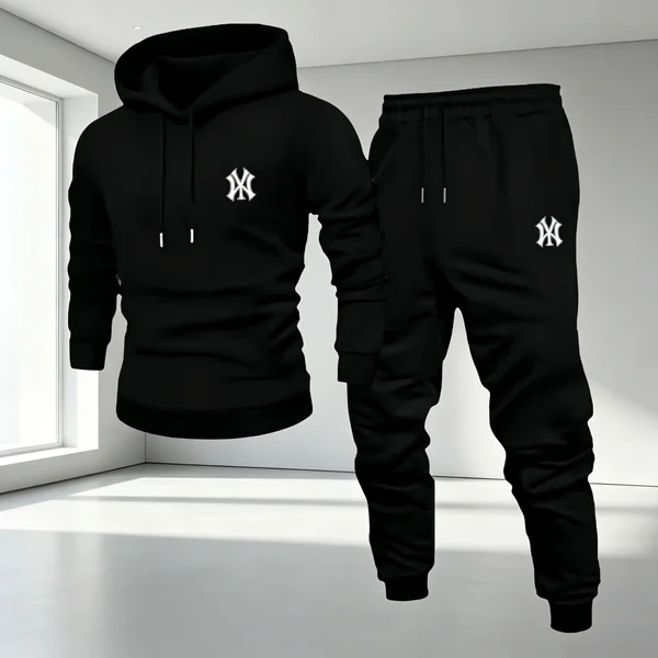 Men's trendy fashion cross-shaped print hooded sweatshirt with elastic cuffs and long pants - autumn/winter casual fashion set