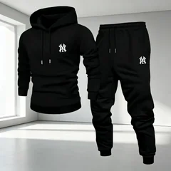 Men's trendy fashion cross-shaped print hooded sweatshirt with elastic cuffs and long pants - autumn/winter casual fashion set
