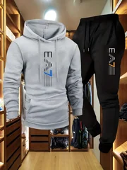 Minimalist Solid Hoodie Tracksuit Stylish Front Print Elastic Cuff Joggers Comfort Knit All Occasion Daily Sportswear
