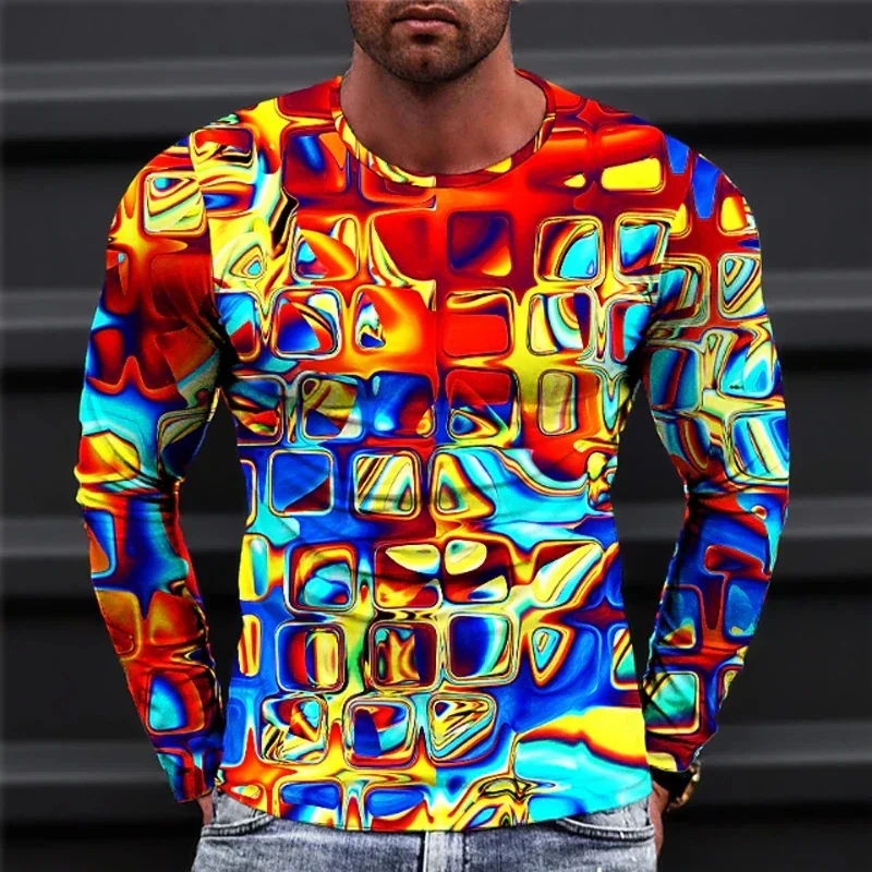 2026 New Autumn Man's Optical Illusion Round Neck Long Sleeve T-shirt 3D printing Fashion Top pullover T Shirts Man's Clothing