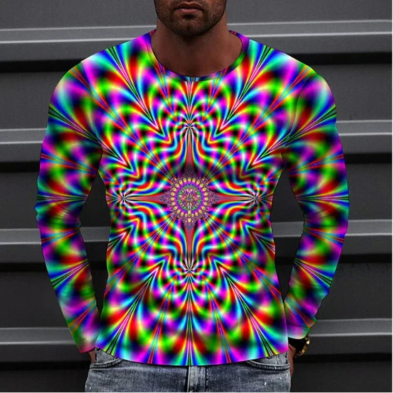 2026 New Autumn Man's Optical Illusion Round Neck Long Sleeve T-shirt 3D printing Fashion Top pullover T Shirts Man's Clothing