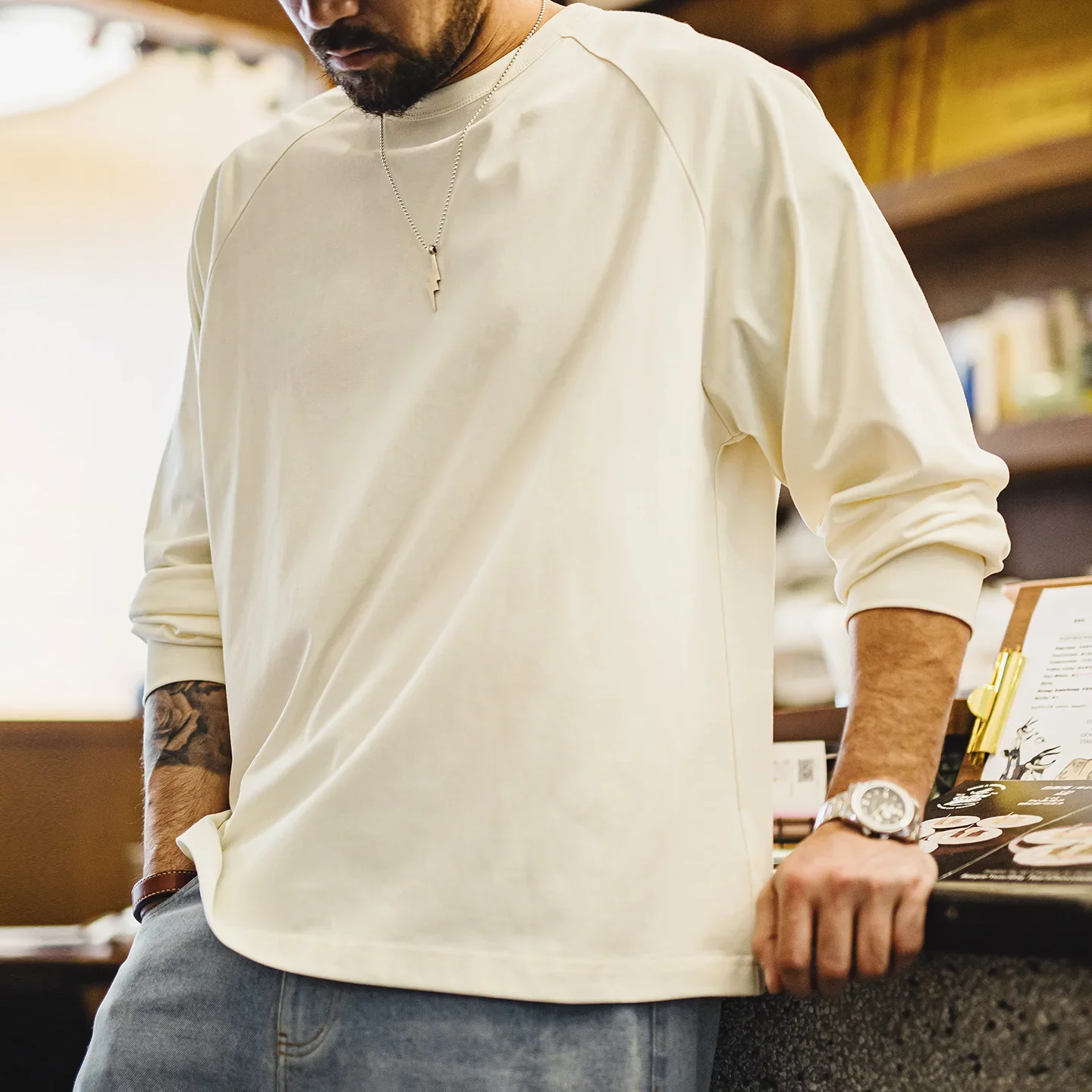 MADEN Men's White Long Sleeve T-Shirt Solid Color Base Layer Undershirt High Quality Basic Essential Loose Casual Fall Mens Tops