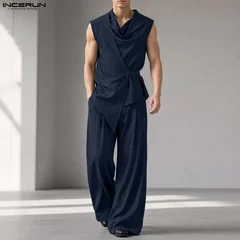 INCERUN Men Sets Solid Color Sleeveless Irregular Shirt Pants Two Piece Sets Streetwear 2026 Casual Men Matching Sets Tracksuits