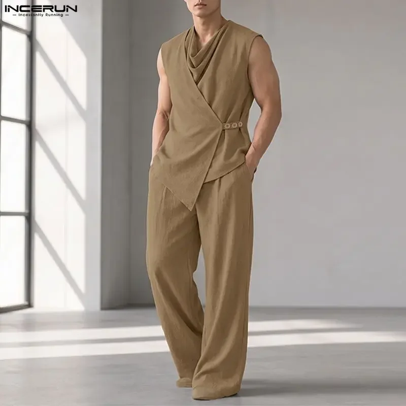 INCERUN Men Sets Solid Color Sleeveless Irregular Shirt Pants Two Piece Sets Streetwear 2026 Casual Men Matching Sets Tracksuits
