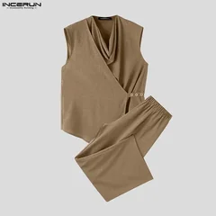 INCERUN Men Sets Solid Color Sleeveless Irregular Shirt Pants Two Piece Sets Streetwear 2026 Casual Men Matching Sets Tracksuits