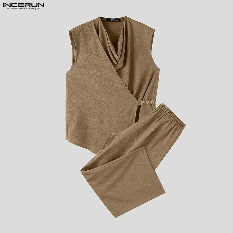 INCERUN Men Sets Solid Color Sleeveless Irregular Shirt Pants Two Piece Sets Streetwear 2026 Casual Men Matching Sets Tracksuits